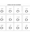Diagram of External Snap Ring Kit 600-Piece Pro Grade Steel With Phosphate Finish showing various sizes from 1/8 to 1-1/4 inch.