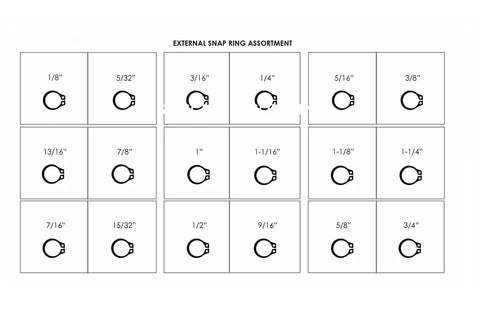 Diagram of External Snap Ring Kit 600-Piece Pro Grade Steel With Phosphate Finish showing various sizes from 1/8 to 1-1/4 inch.