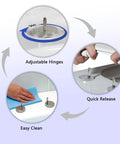 Features of Zero Drama Soft Close Toilet Seat: adjustable hinges, easy clean surface, quick release mechanism for hassle-free setup.