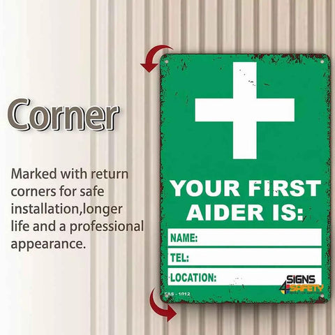 12 By 8 Inch Aluminum First Aider Information Sign built to last, with crisp print and rust resistant metal, featuring easy-read format.