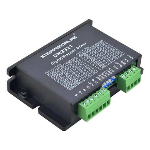 StepperOnline DM332T digital stepper driver module in black housing with green terminal blocks.