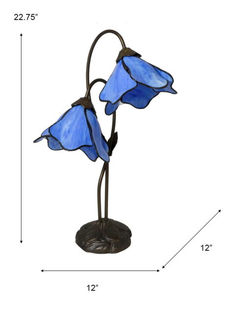 Poelking 2-Light Blue Lily Table Lamp In Dark Antique Bronze Finish, Dual Shimmery Blue Glass Lily Accents, 22.75 inches tall