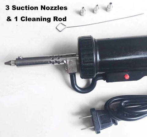 Pro Grade Desoldering Gun With 110V Heating, Automatic Solder Sucker Pump, cord, 3 tips, cleaning rod on white background
