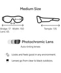 Diagram showing medium size Armor Smart Safety Glasses for Men and Women With TR90 Frame, photochromic lenses, and frame measurements.