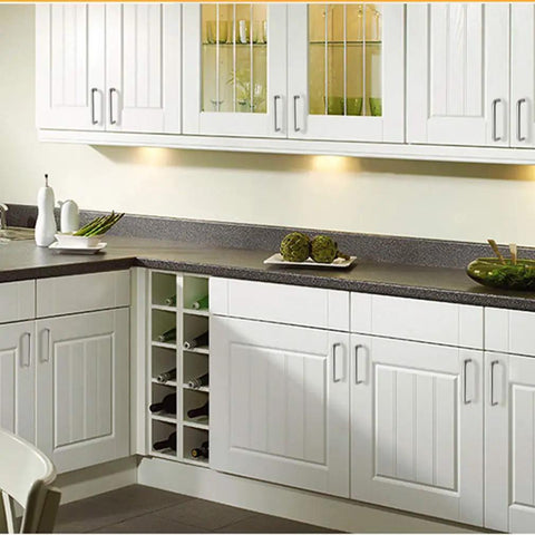 Modern kitchen with Brushed Metal Kitchen Cabinet Pulls and Drawer Handles Set 90mm Center to Center on white cupboards