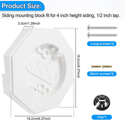 PVC Vertical Siding Lamp Mounting Kit With Built In Electrical Box For Exterior Lights Four Inch Diameter Octagon Mount Fits Half Inch Siding Durable Vinyl Block For Easy No Sweat Outdoor Lighting Install, 6.37 inch white siding block with screws