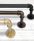 Gold Industrial Curtain Rods For Windows 48 To 84 Inches, 1 Inch Diameter, displayed with black, brown, and gold finishes.