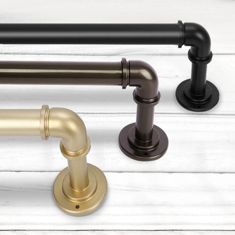 Gold Industrial Curtain Rods For Windows 48 To 84 Inches, 1 Inch Diameter, displayed with black, brown, and gold finishes.