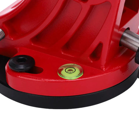 Close-up of a sturdy red Equatorial Wedge For Telescopes Premium Aluminum Latitude Base showing level bubble indicator for 0 to 90 degree tilt.