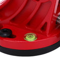 Close-up of Beefy Latitude Base Adjuster for telescopes, red aluminum alloy with leveling bubble and adjustable knobs.