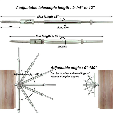 Diagram of Stainless Steel Heavy Duty Cable Railing Kit For One Eighth Inch Cable Railing System For Wood Posts showing adjustable lengths and angles.