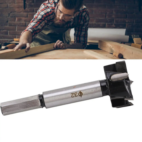 Dead Nuts Accurate Forstner Drill Bit Set with carbide tip, ideal for cabinet doors and furniture, shown in workspace.
