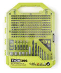 RYOBI 200-piece drill and impact drive set in lime-green case, front view with bits visible.