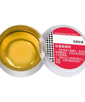 Open tin of Premium Solder Rosin Flux Paste For Circuit Boards And Electronics Repair, viewed from above.
