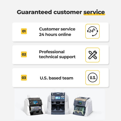 Overview of Bank Grade Money Counter For Multicurrency And Mixed Denominations With Serial Number Tracking, CIS UV MG MT IR Sensors, Fast Accurate Cash Counter Boss Level Efficiency FCC Approved For Banks, Retailers, Casinos, And Busy Shops highlighting customer service and support features.