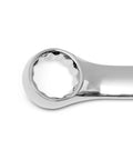 Close-up of a chrome alloy steel wrench head from a 10 Piece 12 Point Metric Combination Wrench Set With Off Corner Loading For Maximum Grip