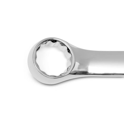 Close-up of a chrome alloy steel wrench head from a 10 Piece 12 Point Metric Combination Wrench Set With Off Corner Loading For Maximum Grip