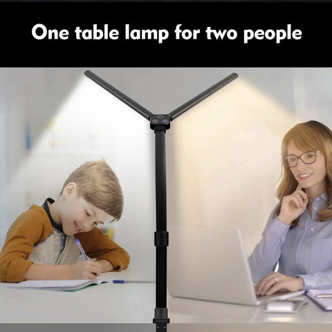 Double Head LED Desk Lamp With 24W Power, Big Reach Adjustable Arm, illuminating two people reading and studying