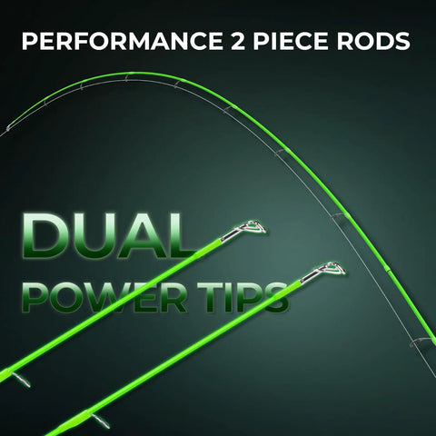 Zephyr Dual Tip Spinning Rod And Reel Go-To Combo showing dual power tips, performance two-piece rods, green outline against dark background