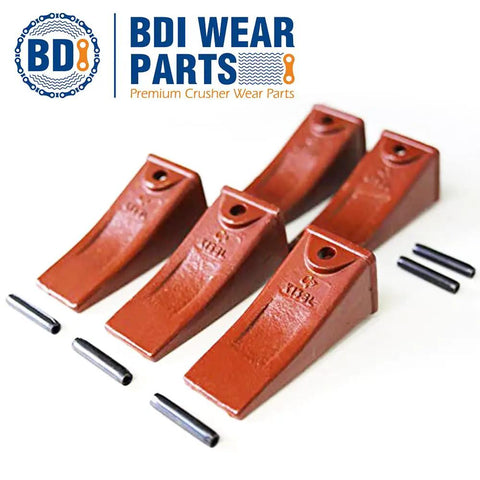 X156L Long Mini Excavator Bucket Teeth 5 Pack With P156 Pins for Skid Steer shown with pins, durable metal parts