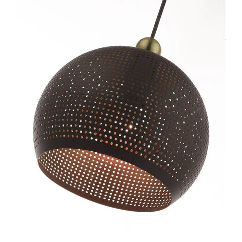 Bronze Pendant With Antique Brass Accents And Gold Inside Canopy, Dublin Style 1 Light Bronze Metal Shade with perforated design