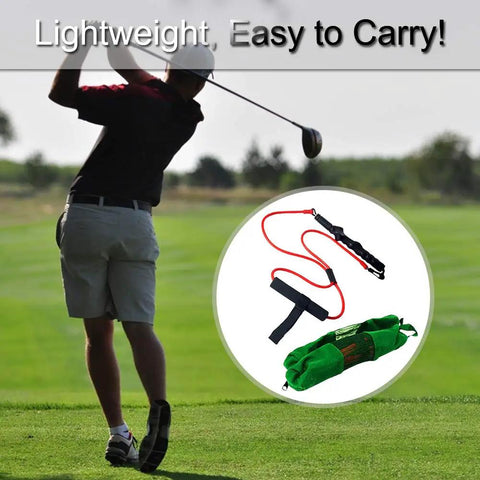 Golfer practicing swing with Golf Swing Training Resistance Band Set for Home Practice featuring door anchor and exercise cord.