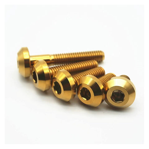 Grade 5 Titanium Hex Socket Screws For Motorcycle Disc Brake Fasteners M6 M8 showing golden bolts with hex heads.