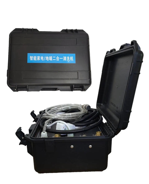 No Sweat Heavy Duty Steam Cleaner With Instant Vaporization For Squeaky Clean Floors And Appliances, compact black case with hoses inside.