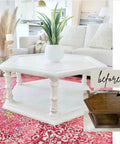 White table transformed with Paint Transformer Chalk Mineral For Latex And Acrylic Paint, Perfect For Kitchen Cabinets, Bathrooms, Countertops, Furniture, Tile, Floors, Wood, Fabric, And Appliances, No Sanding Or Priming Required, Gallon, with before and after comparison.