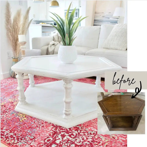 White table transformed with Paint Transformer Chalk Mineral For Latex And Acrylic Paint, Perfect For Kitchen Cabinets, Bathrooms, Countertops, Furniture, Tile, Floors, Wood, Fabric, And Appliances, No Sanding Or Priming Required, Gallon, with before and after comparison.