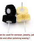 Sisal And Pig Hair Polishing Brush Wheel That Flips The Switch On Rotary Drill Woodworking Buffing For Fast Waxing Shine and Detail Jobs on Jade Wenwan or Hard Surfaces in a Snap, featuring black and yellow brushes.