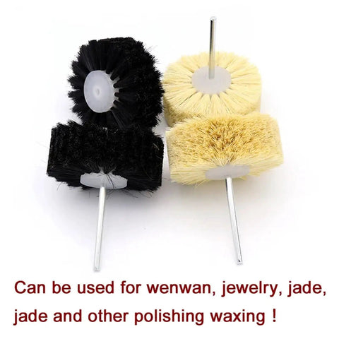 Sisal And Pig Hair Polishing Brush Wheel That Flips The Switch On Rotary Drill Woodworking Buffing For Fast Waxing Shine and Detail Jobs on Jade Wenwan or Hard Surfaces in a Snap, featuring black and yellow brushes.