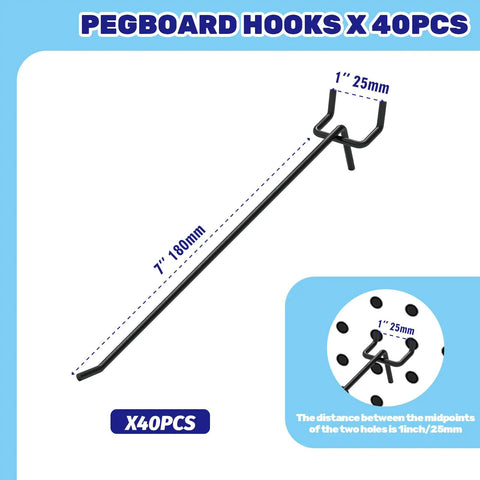 40 Pack 8 Inch Black Stainless Steel Pegboard Hooks Bulk Set for Slatwall and Pegboard Displays, heavy duty detail