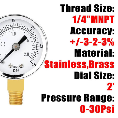 Budget Friendly 0-30 Psi Pressure Gauge, 2 Inch Dial, 1/4 NPT Bottom Mount, Steel Enclosure With Brass Internals shown with specs