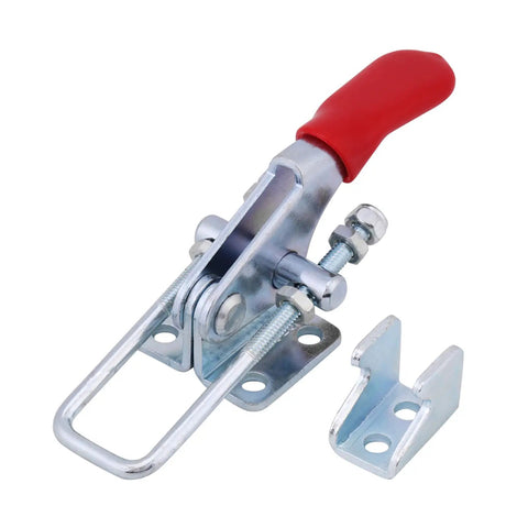 Heavy Duty Latch Type Toggle Clamps With Massive 360 Pound Holding Power For Tough Metal And Wood Assembly Jobs To Keep Your Projects Steady And Secure During Any DIY Or Professional Shop Work Today, metal clamp with red handle and mounting hardware.