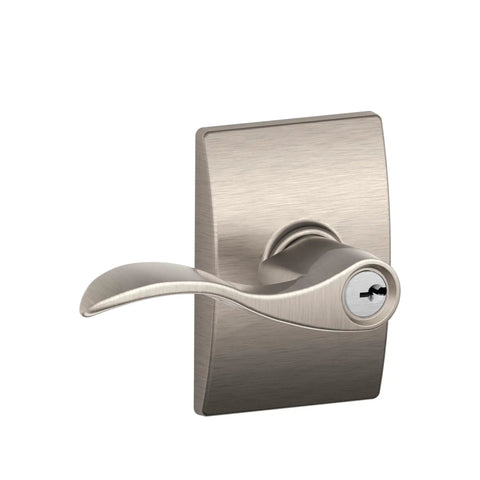 Accent Lever With Century Trim Keyed Entry Lock In Satin Nickel, Reversible For Left Or Right Swing Doors, Self Aligning Screw Holes For No Brainer Install With A Phillips Screwdriver, Exterior Key Access.