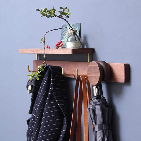 Badass Wall Mounted Coat Rack and Multi Slot Key Hook Solid Wood Construction with Brass Hooks to Hang Coats Jackets Handbags Hats Umbrellas Heavy Duty Build Sweet Entryway Decor with umbrella and coats