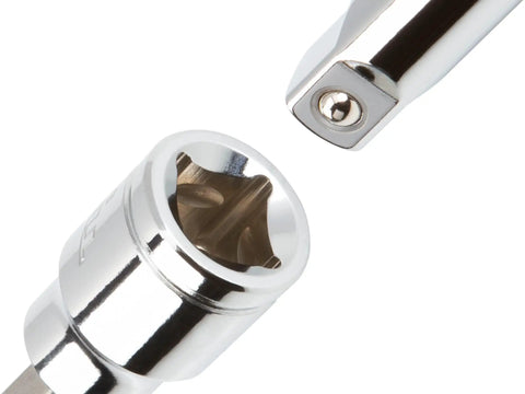 Close-up of a chrome socket from the 3/8 Inch Drive Hex Socket Set, 36-Piece With Inch And Metric Hex Bits And Long Sockets.