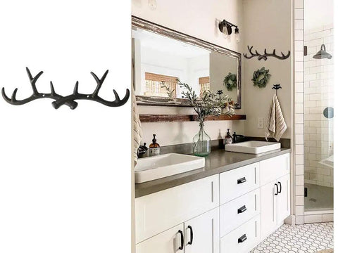 Straight Outta The Woods Dead Ringer Heavy Duty Cast Iron Deer Antler Wall Mount Coat Hooks in stylish bathroom setting.