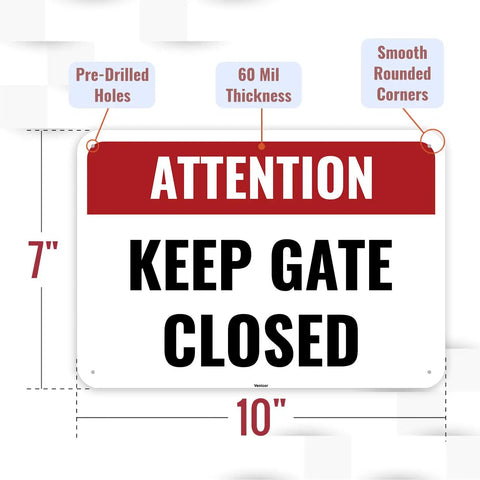 Two Pack Keep Gate Closed Signs Real Deal Heavy Duty Aluminum Yard Warning Plates Outdoor Pet Safety Markers 7x10 inches with pre-drilled holes.