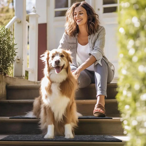 Woman and dog on porch with Non Slip Outdoor Stair Treads 6 Pack 8.5 By 30 Inches With Heat Insulation Rubber Backing For Wooden Steps