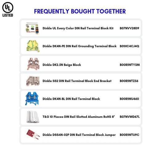 Frequently bought together product list featuring various Dinkle DIN rail terminal blocks and accessories.