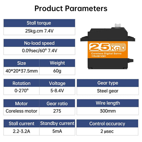 Product parameters for Hiwonder 25KG Servo Motor Waterproof High Torque Servo with specifications on size, torque, speed, and rotation angle.