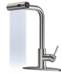 Big Time Upgrade Pull Down Kitchen Sink Faucet Featuring Four High Pressure Spray Modes In Durable Brushed Nickel and Reliable Waterfall Flow for Zero Stress Cleanup Jobs with streamlined design.