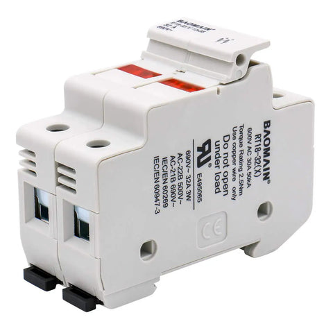 Two Pole 690V DIN Rail Fuse Holder For 10x38mm Fuses With Built In LED Indicator UL Recognized Up To 32A AC For Fast Troubleshooting And Reliable Power Distribution, white side view