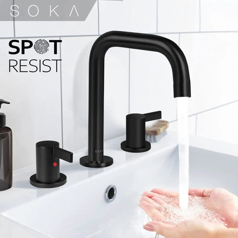Matte Black Widespread Bathroom Faucet With Two Handles, Three Piece Vanity Lavatory Set, 360 Degree Rotating Sink Tap