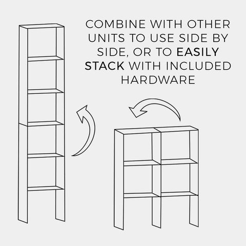 Illustration of Stackable Vertical Cube Organizer In White, Heavy-Duty Freestanding Shelf With Open Back, stacking diagram.