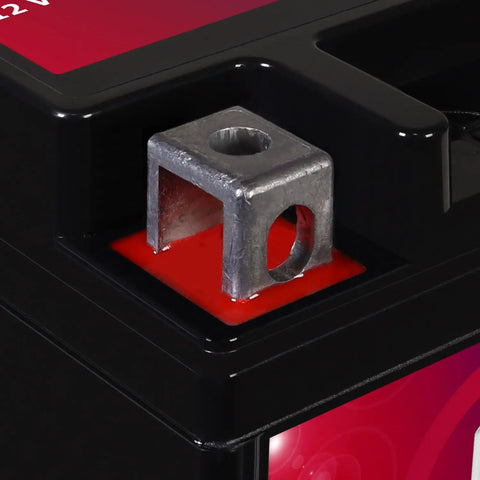 Close-up of the terminal of Boost Your Engine With This Slick 12V 10Ah 180CCA AGM Motorcycle Battery designed for dirt bikes.