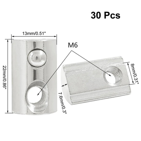 30 Pcs M6 Half Round Spring T Nuts For 4040 Aluminum Extrusion Profiles, Carbon Steel With Nickel Plating, metric dimensions shown