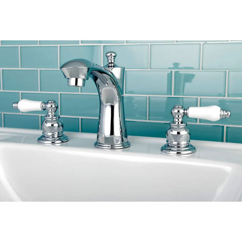 8 To 16 Inch Widespread Bathroom Faucet in polished chrome with solid brass Duraseal valve, deck mount 3 hole, 1.2 GPM flow.